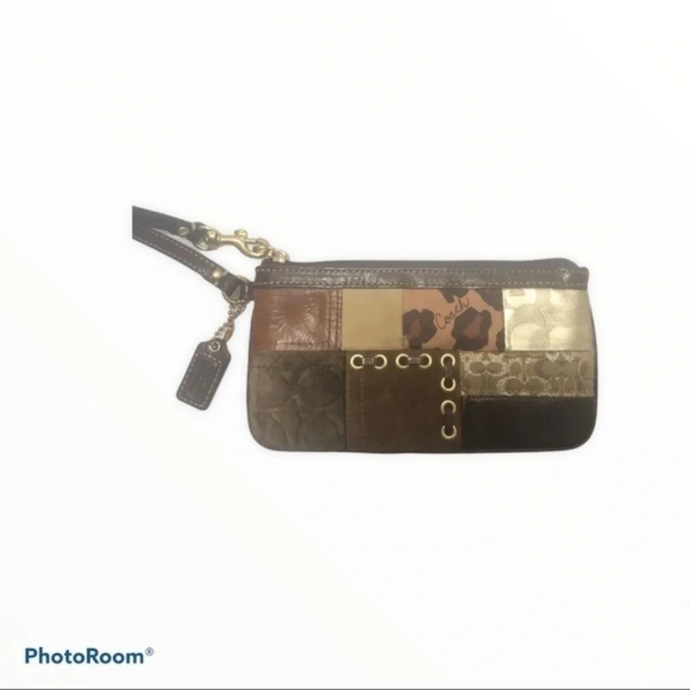 Coach brown multi texture patchwork wristlet bag